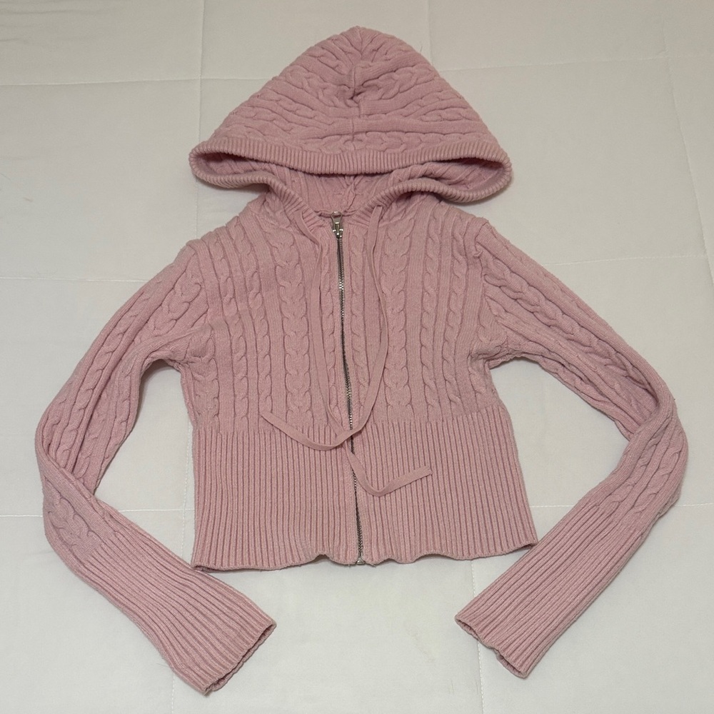Forever 21 Pink Cable-Knit Hooded Zip Sweater